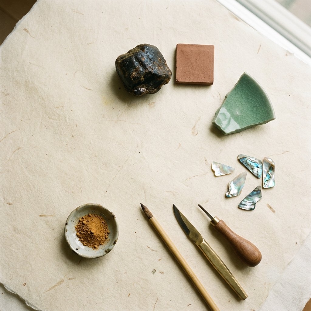 Korean craft materials on hanji paper — natural pigment, a celadon shard, mother-of-pearl, brushes and a lacquer knife