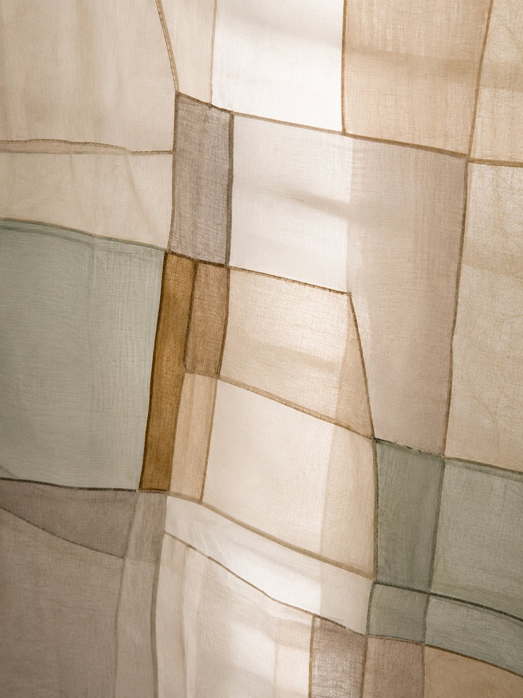 Translucent ramie patchwork in soft sage, cream and earth tones